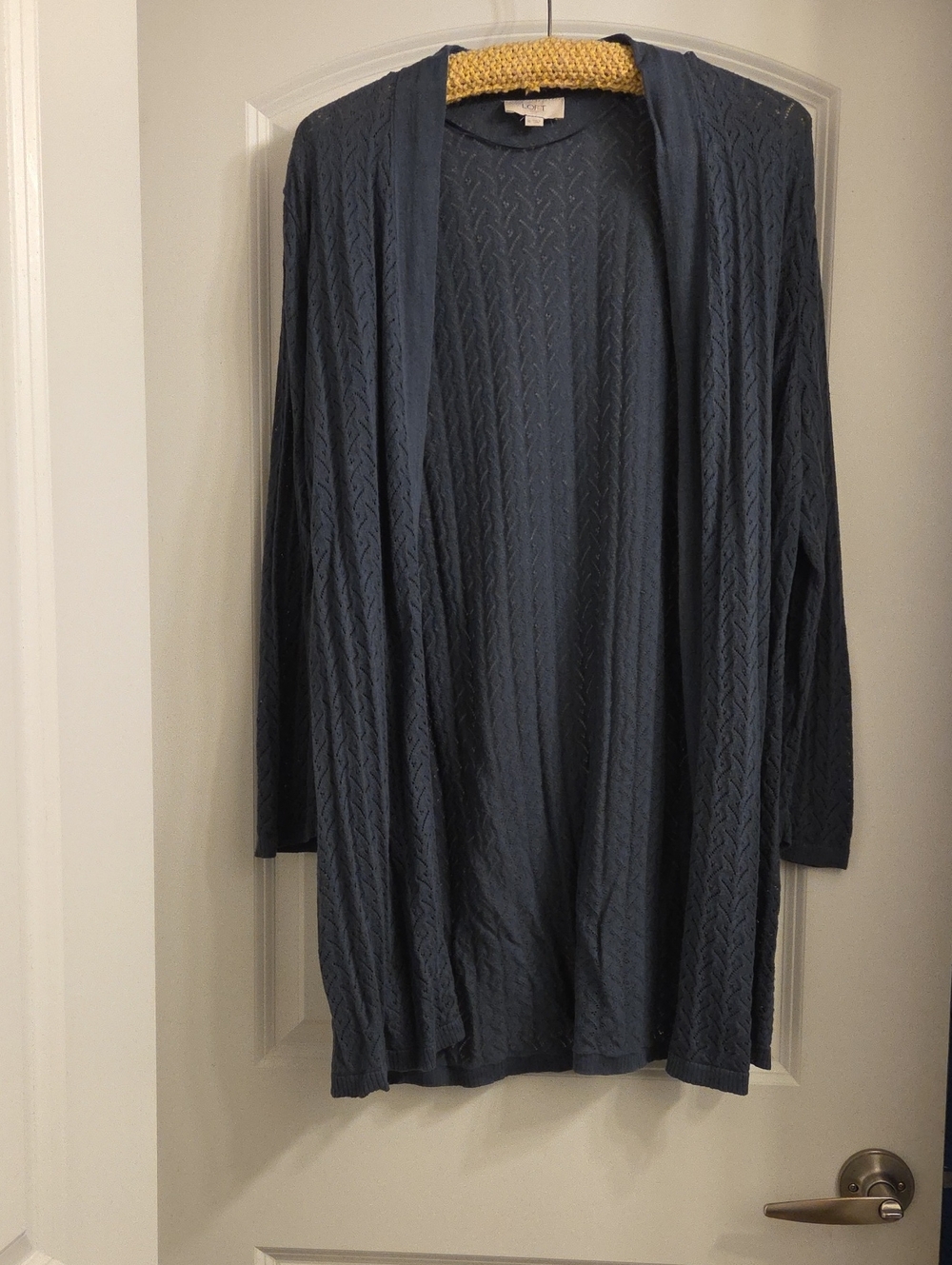 LOFT Slate Blue Open-Front Cable Knit Cardigan